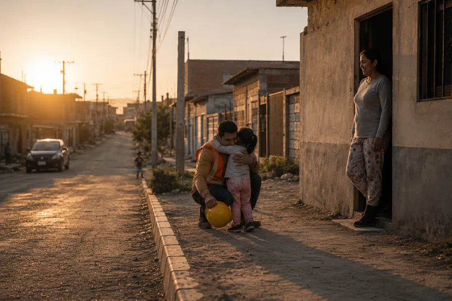 Trabajador regresando a casa con su familia